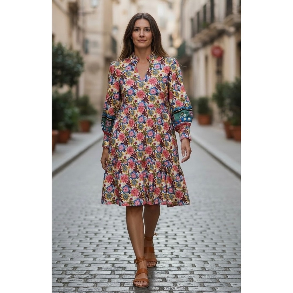 Emily Lovelock Floral Tiger Print Midi Dress L Multicolor Ruffle Tiered Summer